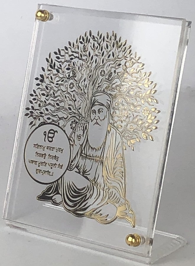 shree kreations Gold Plated Tree of Life Gurunanak Ji's Frames Showpiece on Acrylic Stand for Car Dashboard, Home, Office Table. 9.5 cm X 7.5 cm, Rectangular, Tabletop - Image 3